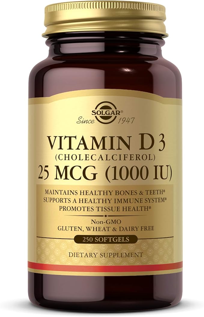 Solgar ビタミンD3 (コレカルシフェロール) 25 MCG (1000 IU)、250ソフトジェル - 健康な骨と歯の維持をサポート - 免疫システムのサポート - 非遺伝子組み換え、グルテンフリー、乳製品不使用 - 250回分