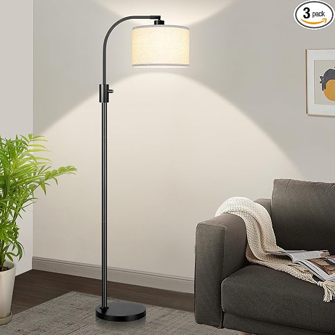 Nintiue Upgraded Modern Arc Dimmable Tall Standing Floor Lamp with Linen Shade, 1200 Lumens LED Bulb Included, for Living & Reading Room, Bedroom, Office & Nursery, Matte Black