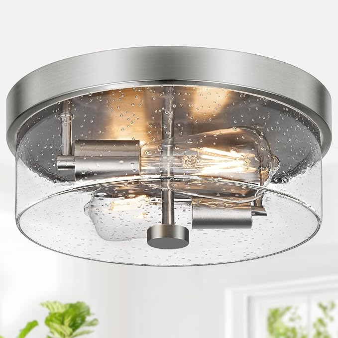 Flush Mount Ceiling Light Fixtures, 2-Light 12 Inch Brushed Nickel Close to Ceiling Light Fixtures with Seeded Glass Shade Ceiling Light Fixture for Porch, Hallway, Bathroom, Dining Room and Foyer