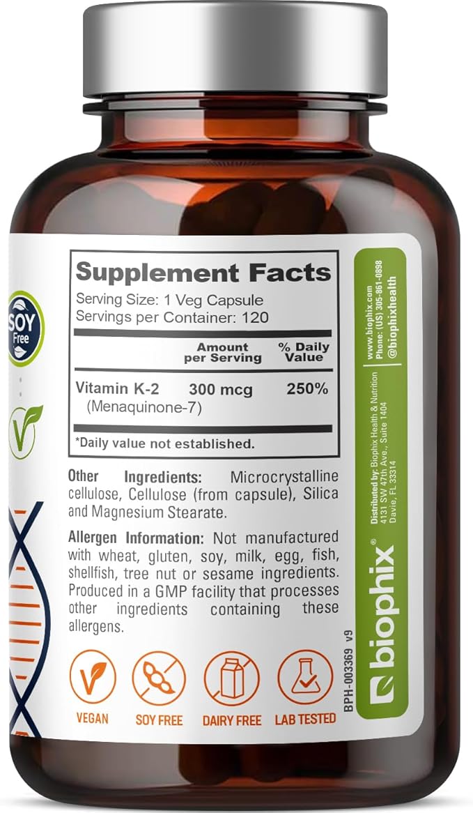 biophix Vitamin K2 MK-7 300mcg, 120 Vegan Capsules – High-Potency Supplement for Bone Strength and Immune Health
