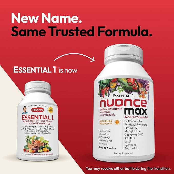 ANDREW LESSMAN Essential-1 nuonce max Multivitamin 3000 IU Vitamin D3 60 Small Capsules. 100 mcg Methyl B12. CoQ10 Lutein Lycopene Zeaxanthin. High Potency. No Additives. Ultra-Mild One Daily Capsule