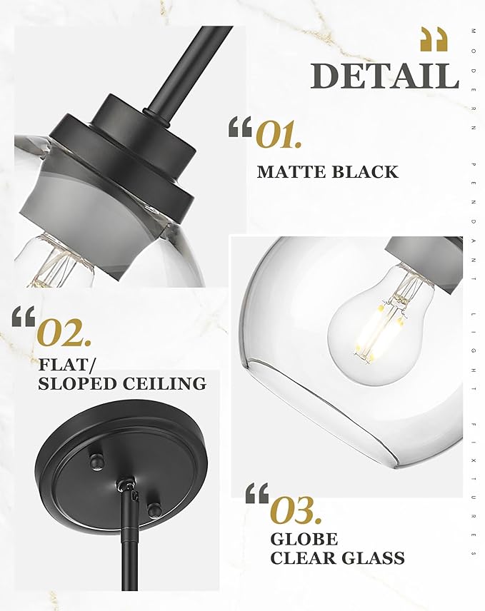 Pendant Lights Kitchen Island 2 Pack, 7" Modern Black Hanging Lights Fixtures with Clear Glass Globe Shade, Kitchen Island Lighting for Bathroom, AD-22280-1P2-BK-C