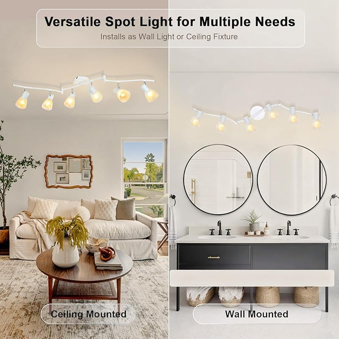 HiBay 6-Light Track Lighting White, Flexible Ceiling Light Fixture w/Glass Shades, Modern Track Spot Lights Indoor for Kitchen, Living Room, Dining Room, E12 Base, No Bulbs