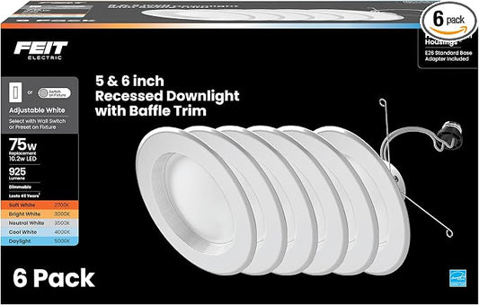 Feit Electric LED Recessed Light Retrofit Kit - 5/6 in Dimmable with Baffle Trim, 75W Equivalent, Adjustable White 2700K–5000K, 90+ CRI, for Living, Bathroom, Dining & Kitchen Room