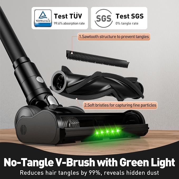 Cordless Vacuum Cleaner for Home, 55KPa Powerful Suction, Self-Standing Stick Vacuum with Charging Dock, Anti-Tangle Brush, Lightweight for Pet Hair, Carpet, Hardwood Floor(Pure Black)