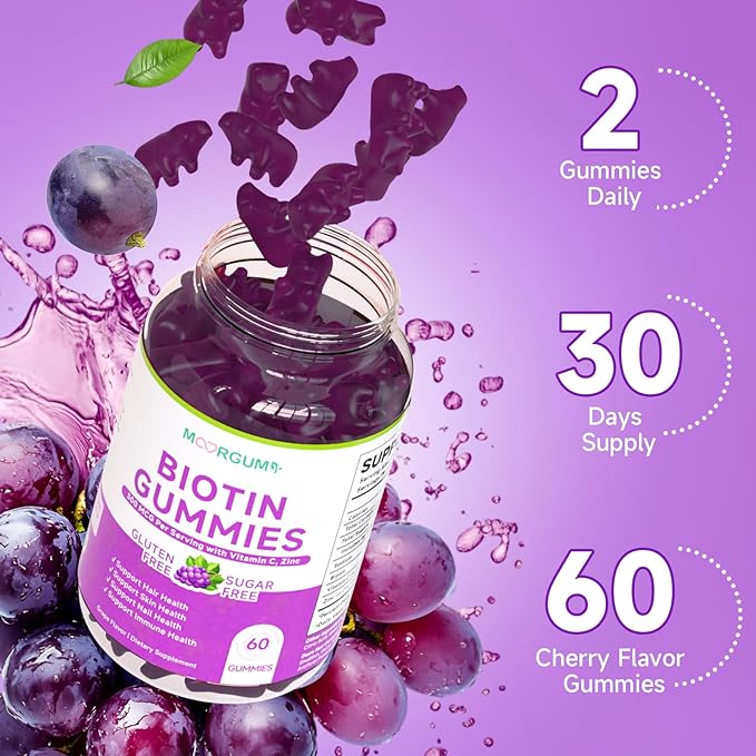 Sugar Free Biotin Hair, Skin & Nails Gummies, Supports Healthy Hair, Skin and Stronger Nails, with Vitamin C, Zinc Chewable Vitamin B7 Supplements for Women & Men, Vegan, Non-GMO, Grape, 60 Count