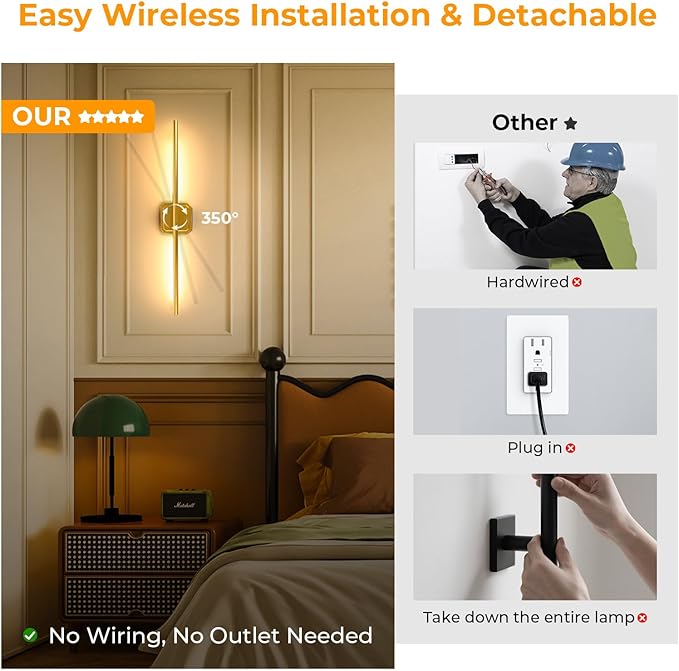GvvooHome Battery Operated Wall Sconce Detachable 360°Rotate, Wireless Wall Lamp 3000-6500K Dimmable, 10000mAh Rechargeable Wall Light for Bedroom, Living Room，28.3" Black Gold 4 Pack