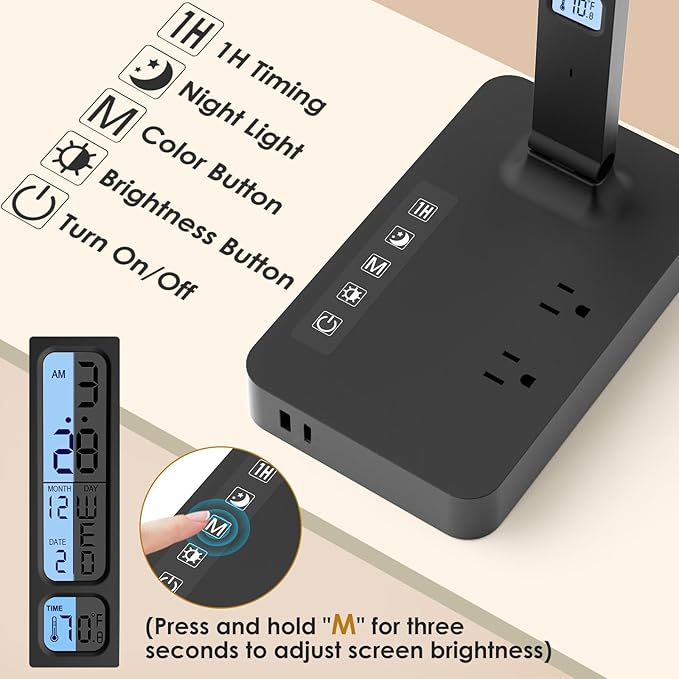 LAOPAO Power Strip with LED Desk Lamp: Table Lamp with Charging Station - 2 Outlets 1 USB-A Ports 1 Type-C Ports, Surge Protection and Led Display, 5ft Extension Cord, 5 Color Modes 5 Brightness
