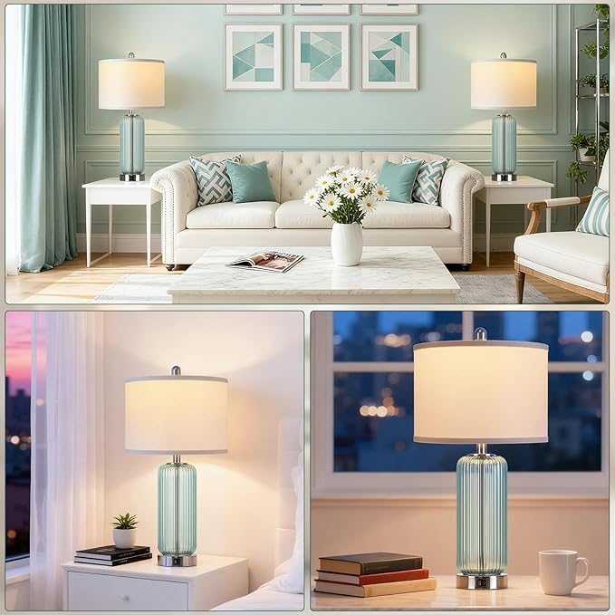 Table Lamps Set of 2 with Vertical Grained Glass, Teal Bedside Table Lamp, 3-Way Dimmable Nightstand Lamp with Touch Control, 27" Modern Glass Bedside Lamps with USB A+C Ports, Desk Lamp for Bedroom
