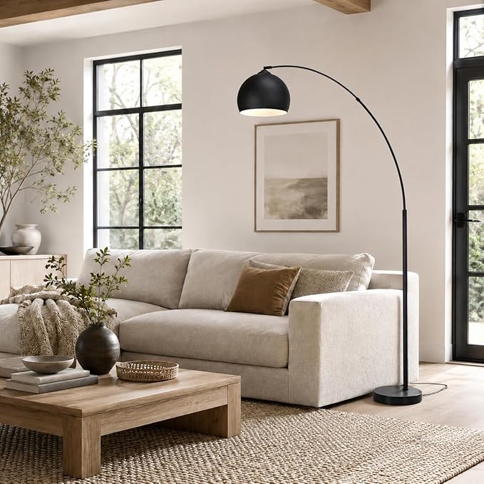 Teamson Home Arquer 66.93" Arc Floor Lamp for Living Rooms, Home Offices, Dining Rooms, Bedrooms with Faux Black Marble Base and Black Bell Shade