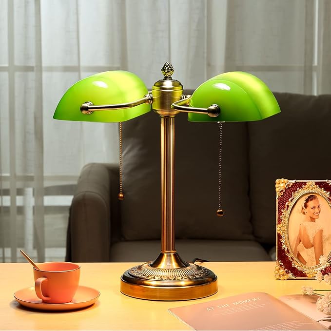 Green Double Head Glass Bankers Desk Lamp with Pull Chain Switch Plug in Fixture for Library, Office, Cafe