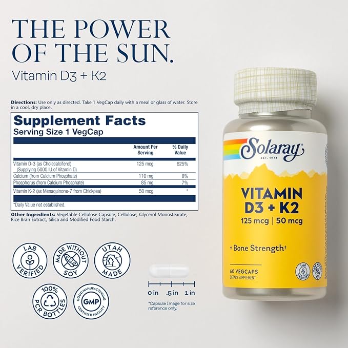 SOLARAY Vitamine D3 K2 et Glycinate de Magnésium - Ensemble pour la Santé Osseuse - Absorption du Calcium, Soutien Nerveux, Cardiaque et Immunitaire avec 5000 UI de Vitamine D, 350mg de Magnésium Chélaté, Garantie de 60 Jours, 60 gélules/120 gélules