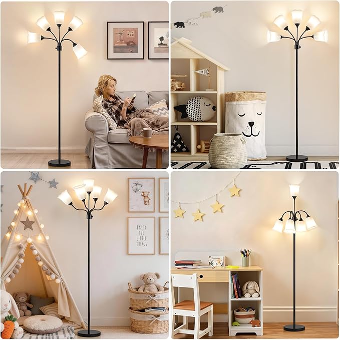 GyroVu Medusa LED Floor Lamp, Multi Head Modern Tall Lamp with Adjustable Gooseneck Standing Lamps for Living Room Bedroom Kids Room Office 5 White Lampshades Bulb Not Included(Black)
