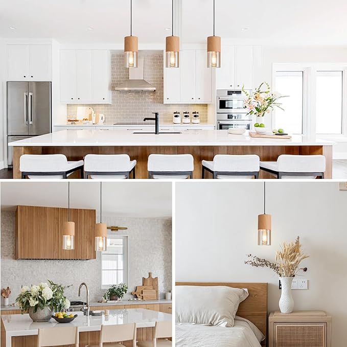 Gold Pendant Lights for Kitchen Island, Adjustable Modern Pendant Light Fixtures with Raw Wood Grain, Industrial Amber Glass Pendant Lights for Dining Table Hallway Bedroom Living Room,1 Pack