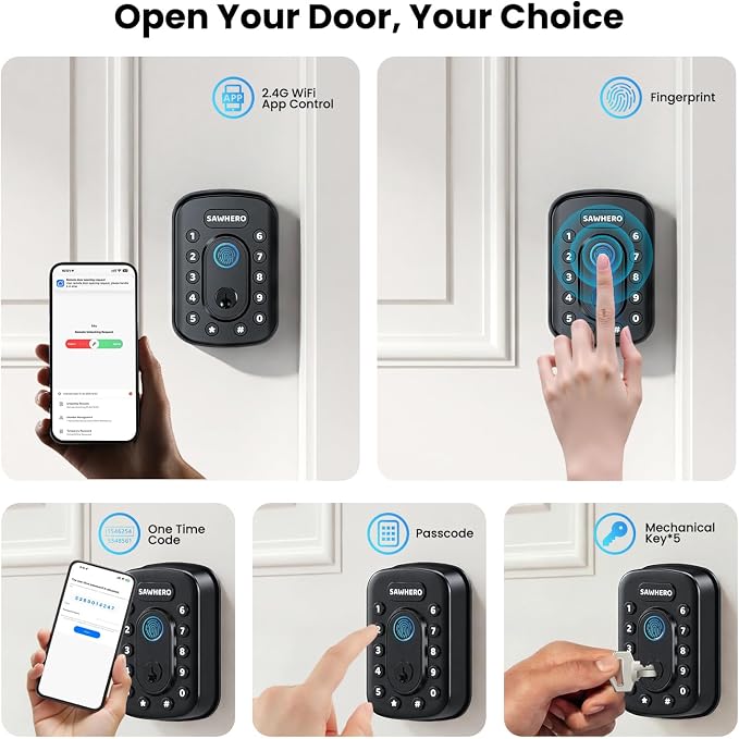 2-Pack Keyless Entry Door Lock with Fingerprint & Built-in WiFi, Smart Locks for Two Home Doors, No Hub Needed, App Control, ANSI/BHMA Grade 3, Auto-Locking, Easy Install, Matte Black