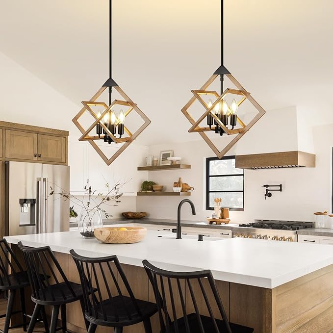 Modern Chandelier for Dining Room (18",4-Light), No Assembly Required Wood Grain Dining Room Light Fixture Over Table, Industrial Hanging Pendant Lights Fixture for Kitchen Island, Entryway, Foyer