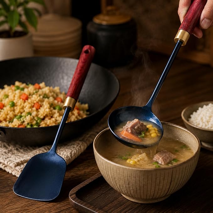 Calmabode 11” Hand-Forged Blued Iron Wok Spatula and Ladle Set | Hand-forged blued iron utensils with heat-resistant wood handles, ideal for wok cooking, stir-fry, sautéing and serving
