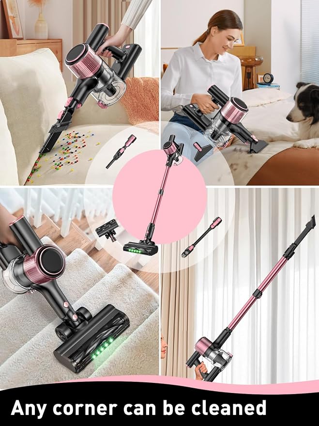 VICEASE Cordless Vacuum Cleaner, 8 in 1 Powerful Suction Lightweight Vacuum Cleaner for Home, LED Display, 3 Suction Modes, 45Mins Detachable Battery Stick Vacuum for Hard Floor Carpet Pet Hair, Pink