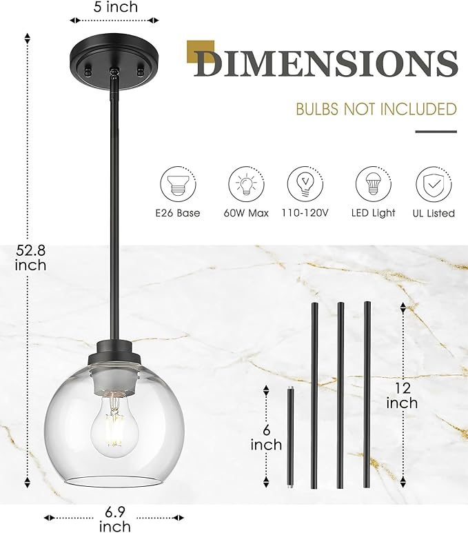 Pendant Lights Kitchen Island 2 Pack, 7" Modern Black Hanging Lights Fixtures with Clear Glass Globe Shade, Kitchen Island Lighting for Bathroom, AD-22280-1P2-BK-C