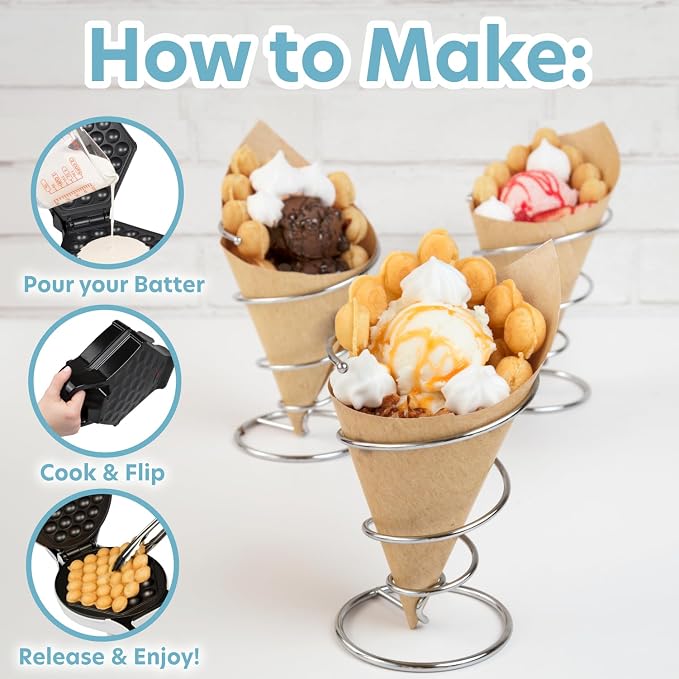 Bubble Waffle Maker- Electric Non-Stick Hong Kong Egg Waffler Iron Griddle | Ready Indicator Light, Done in under 5 Minutes, Includes Recipe Guide, Make Delicious Ice Cream Cones, Sundae Dessert Treat