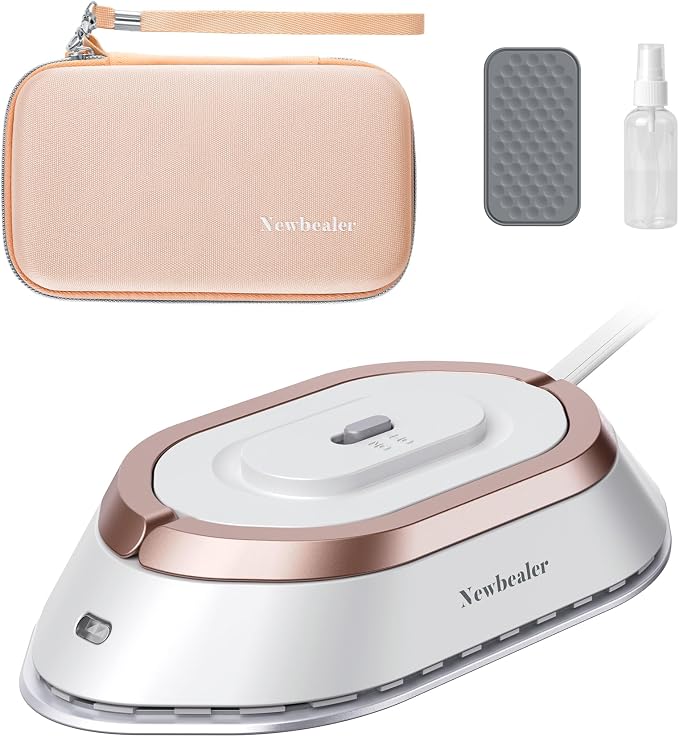 Newbealer Travel Iron Set, 100-240V Mini Dry Iron for Clothes (No Steam) | Max 300W, Heats in 60s, 302℉ Ceramic Soleplate, Handy Heat Press, 0.8lbs Lightweight for Quick Touch-ups, Gold with Hard Case