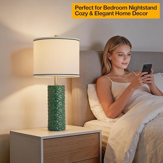 27" Farmhouse Bedside Table Lamp Set of 2, Green Modern Ceramic Lamps for Living Room, 3 Color Temperature Rustic Table Lamps for Bedroom, Night Stands, Dorm,Office, Home Décor (Bulb Included)