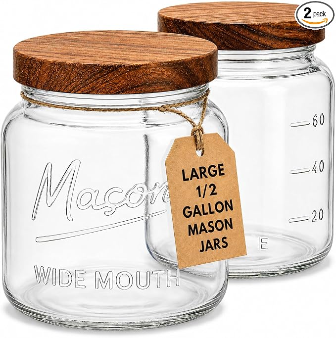 kitchentoolz Large Mason Jars with Lids – 64 oz Mason Jars Wide Mouth, 1/2 Gallon Glass Jar with Lid for Pantry Storage, Canning, Flour, Dry Goods – 2 Pack
