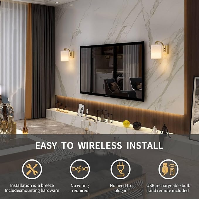Powfloven Gold Rechargeable Wall Sconces Set of 2 with Remote, Wireless Battery Operated Dimmable LED Wall Lights, Cordless Wall Lighting Lamp Fixture for Bedroom Living Room
