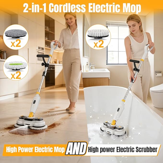 Cordless Electric Mop for Dewalt 20V Battery (NO Battery), 2 in 1 Electric Spin Mop & Electric Floor Scrubber Machine with LED Light & Water Spray,800 RPM Electric Mops for Floor(White)