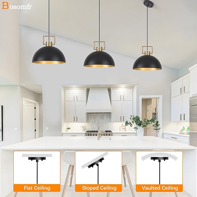 Matte Black Farmhouse Pendant Light 2 Pack Adjustable Height Vintage Hanging Industrial Ceiling Lights Fixture for Kitchen Island Hallway Dining Room Dome Chandelier Modern Pendant Lighting 12''