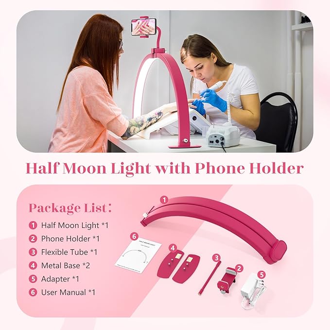 Yokilly Half Moon Light for Nail Desk: 29" Foldable Half Moon Desk Lamp with Phone Holder for Beginner - Arch Nail Tech Light with 3 Color Modes & 10 Brightness for Manicure Salon (Rose Red, Large)
