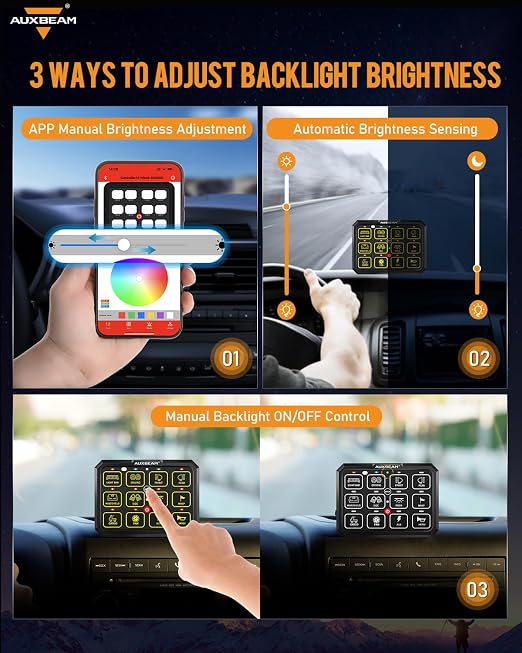 Auxbeam 12 Gang Switch Panel Bluetooth RGB AC-1200 with APP&Remote Control Toggle Momentary Pulsed Switch Pod Off Backlight for Truck Offroad 12-24V Waterproof 3 Years Warranty (Patent Registering)