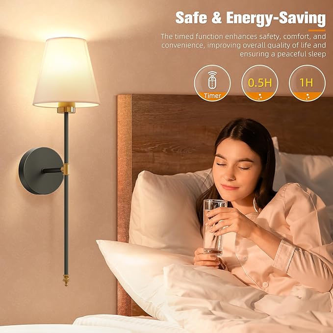 NIORSUN 19.9 inch Battery Operated Wall Sconce Set of 2,Gold-Black Rechargeable Wall Lights with 10400mAh Dimmable Detachable Bulbs and Remote, Wireless Sconces for Bedroom Living Room Hallway