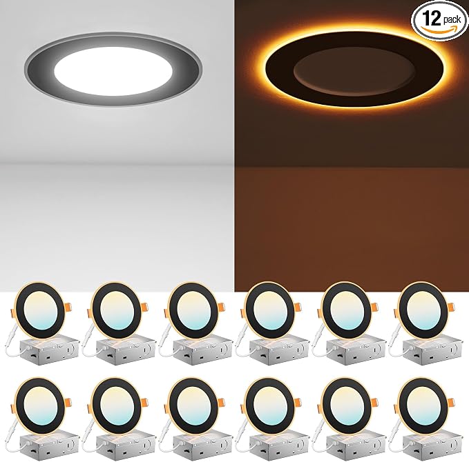 Amico 12 Pack Black 4 Inch 5CCT LED Recessed Ceiling Light with Night Light, 2700K/3000K/3500K/4000K/5000K Selectable Ultra-Thin Lighting, 10W=90W, 700LM, Dimmable Canless Wafer Downlight - ETL&FCC