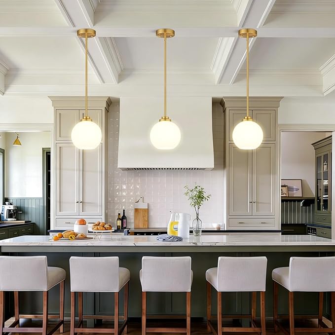 2 Pack 22"-50" Height Adjustable Glass Pendant Lights Kitchen Island, Globe Brushed Gold Pendant Lights with Milk Glass Shade, Mid Century Pendant Light Fixtures Kitchen Pendant Lighting over Island