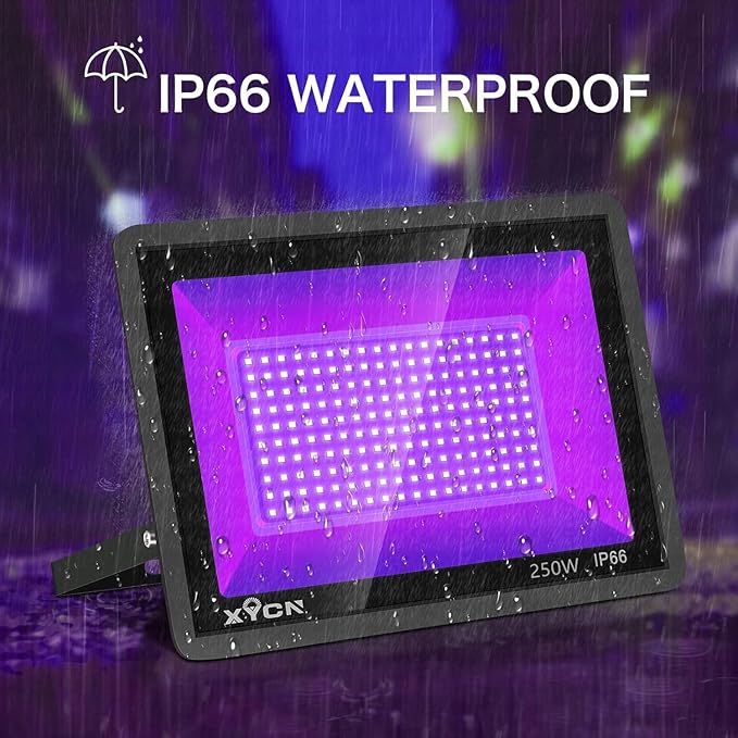 XYCN 4 Pack 250W LED Flood Black Lights,395nm to 405nm UV Outdoor Flood High Power Blacklight Light with Plug in, IP66 Waterproof Large Black Light Spotlight for Glow Party Large Space, Halloween
