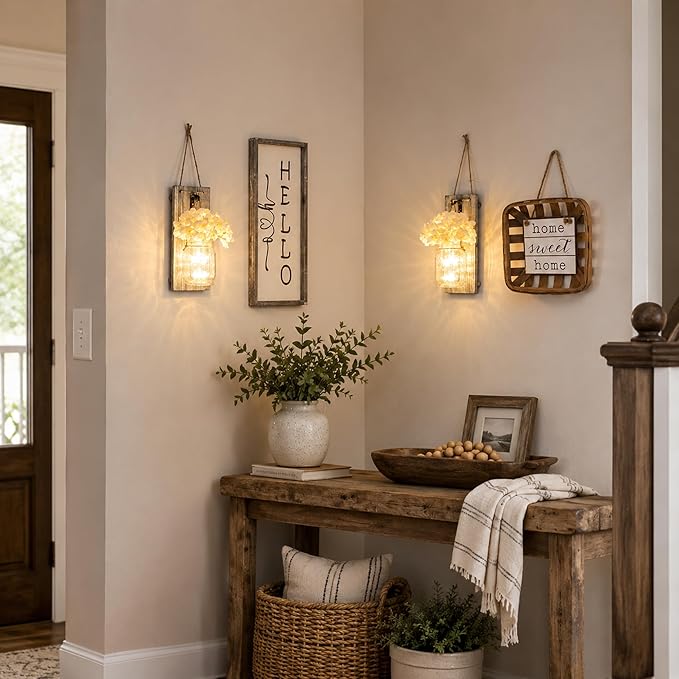 Rustic Mason Jar Sconces Wall Decor - Set of 2 Hanging Wooden Wall Art with LED String Lights & Remote Timer - Vintage Farmhouse Decoration for Living Room or Bedroom, Grey