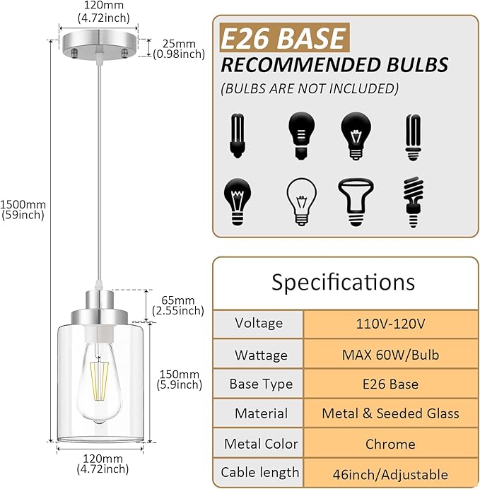 WimiSom Industrial Pendant Lighting, Modern Clear Glass Shade Pendant Lights, Adjustable Hanging Light Fixtures, Farmhouse Pendant Lighting for Kitchen Island Living Room Bedroom Hallway 3-Pack