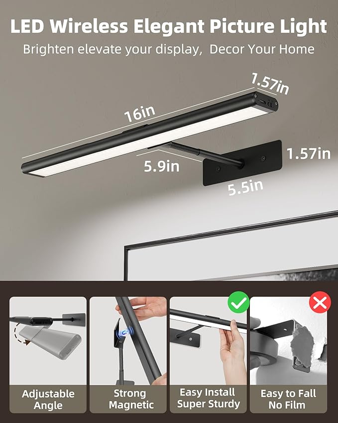 EZVALO Picture Light for Wall, 4800mAh Rechargeable Wireless Battery Lights for Painting, 16In Dimmable Magnetic LED RGB Art Display Light, Colors Temperatures, for Gallery, Living Room, Hallway