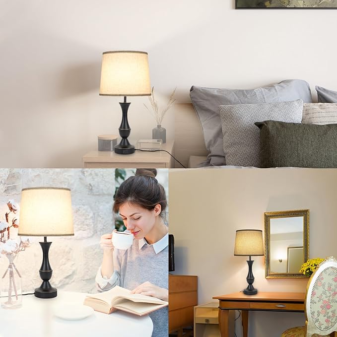 LALISU Touch Lamps for Bedrooms Set of 2, Farmhouse Table Lamp with USB C Charging Port, 3 Way Dimmable Nightstand Lamps with Linen Fabric Lampshade for Bedroom, Living Room (Pack2-Black)
