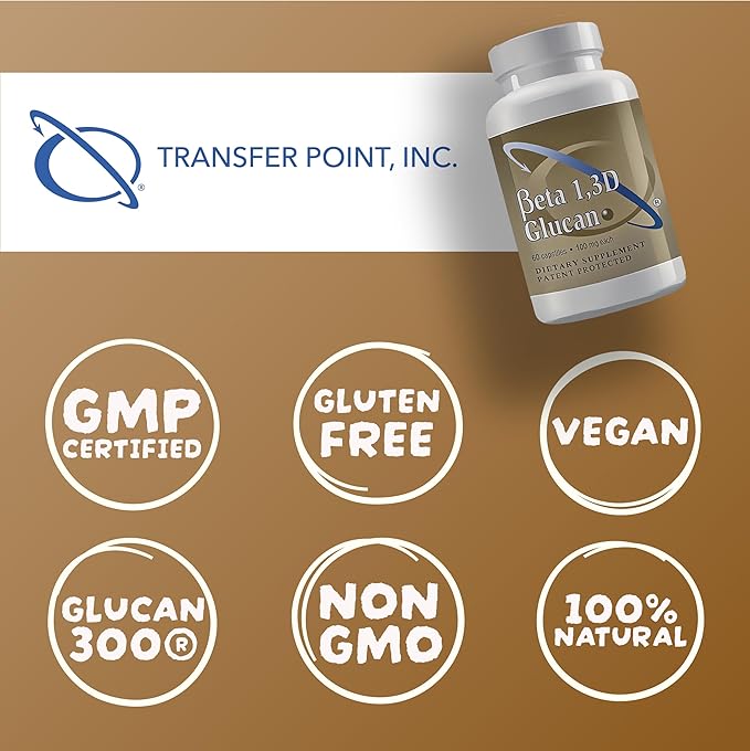 Transfer Point Yeast-Derived Beta 1,3D Glucan (1,3/1,6 B-Glucans) 200mg, Minimum 85% Beta Glucan Content, Non-GMO, Vegetarian, All-Natural Immune Support, 60 Capsules