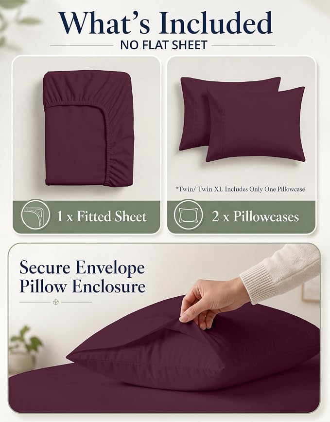 LANE LINEN 100% Organic Cotton Twin Fitted Sheet, 2-Piece Set (1 Fitted Sheet, 1 Pillowcase), Percale Weave, Lightweight, Soft, Breathable, Fits Mattress Upto 15' Deep - Windsor Wine (No Flat Sheet)