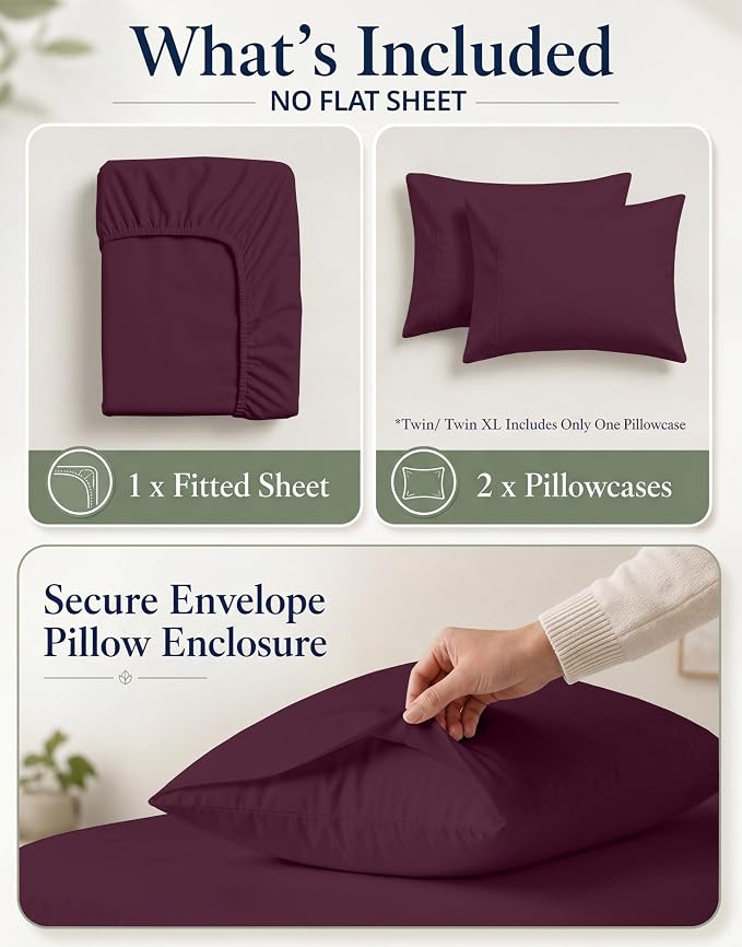 LANE LINEN Queen Fitted Sheet & Pillowcases Set (No Flat Sheet) - 100% Organic Cotton Soft & Breathable Percale Weave Fitted Sheet Set - GOTS Certified - 15'' Deep Pocket - Windsor Wine