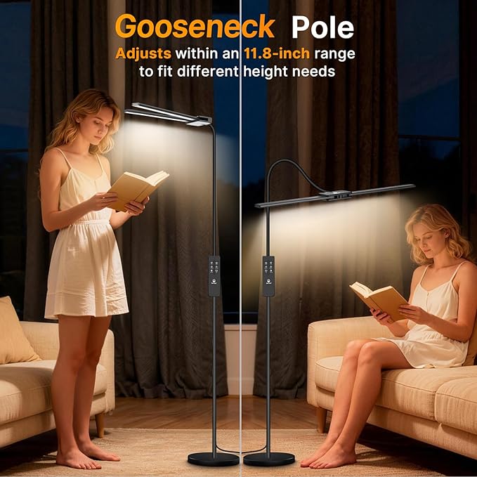 Syrinx LED Floor Lamp, 18W 2000LM Bright Reading Floor Lamp for Office, Gesture & Remote Control, Dual Head Goose-Neck Standing Lamp, Dimmable Brightness & Color Temp, Eye Caring Light for Living Room