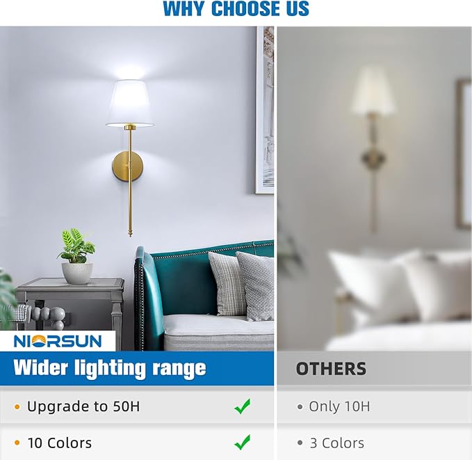 NIORSUN 19.9 inch Battery Operated Wall Sconce Set of 2,Gold Rechargeable Wall Lights with 10400mAh Dimmable Detachable Bulbs and Remote,10 Colors Wireless Sconces for Bedroom Living Room Hallway
