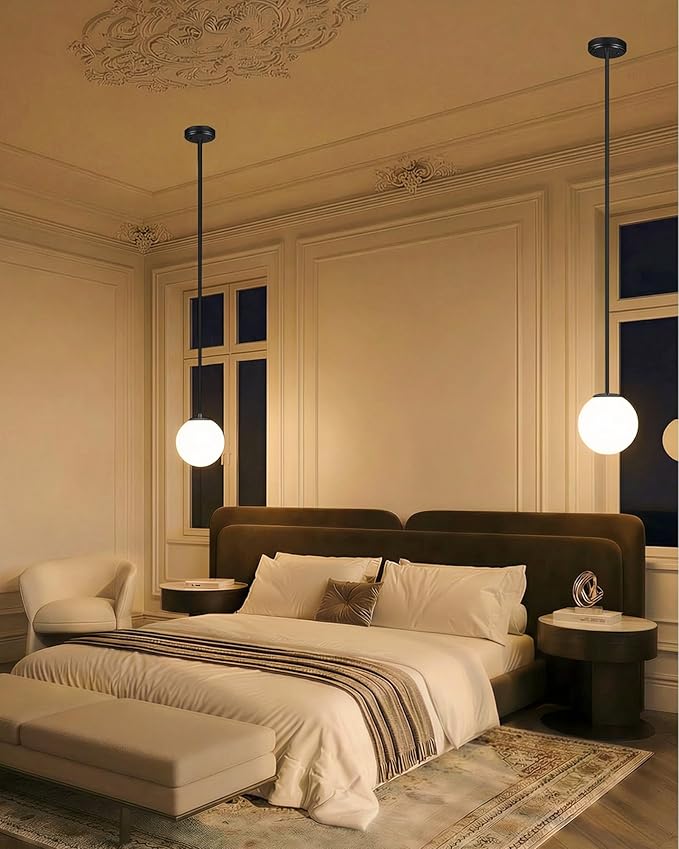 Majade Globe Pendant Lights Kitchen Island Mid Century Modern Pendant Light Fixtures 7.4 Inch Black Ceiling Lighting with Milk White Glass Shade Adjustable Hanging Light for Dining Room Living Room