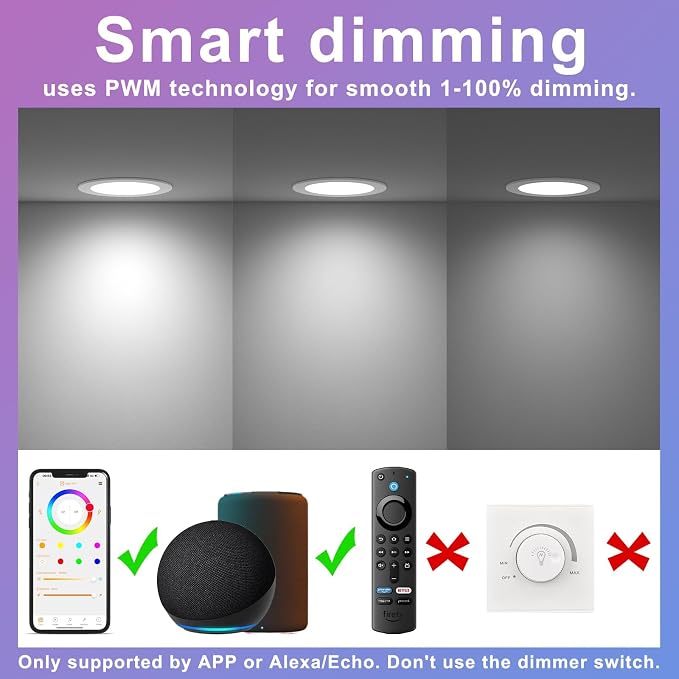 SikSog 24Pack Smart Recessed Lighting 4 Inch RGBCW Color Changing 12W LED Downlight with Junction Box,1080 Lumen Recessed Ceiling Light Compatible with Alexa,Dimmable by Bluetooth Control