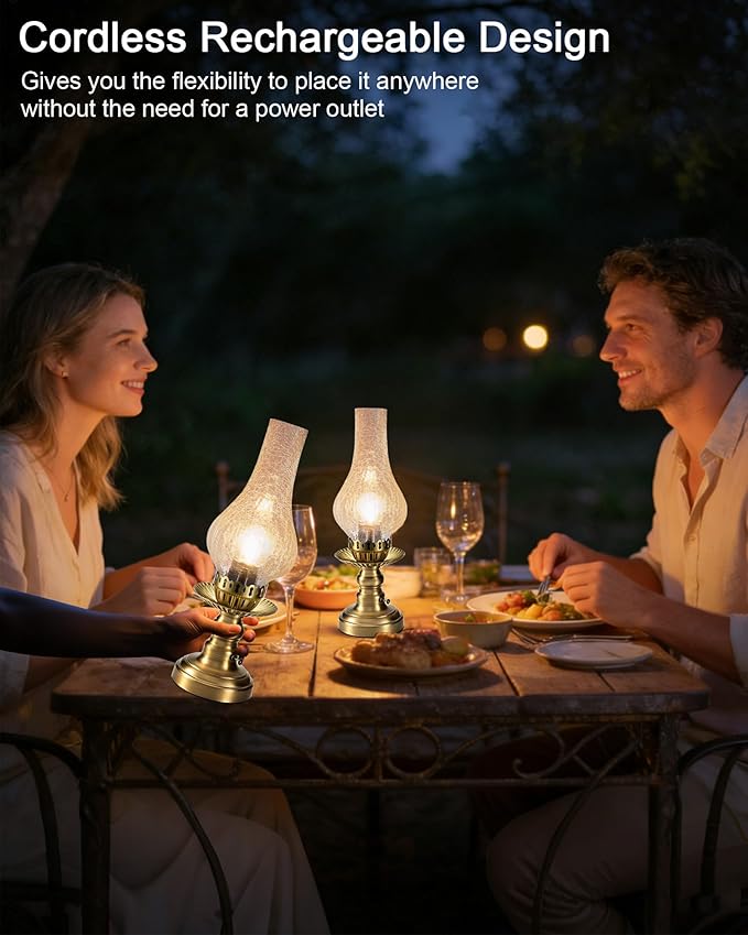 UMEXUS Vintage Rechargeable Cordless Table Lamp with Dimmer & Touch Control, Small Battery Powered Lights, Hand-Blown Glass Retro Farmhouse Lamp for Bedroom, Living Room, Dining Table, Kitchen (Clear)