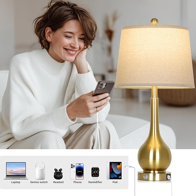 Rinweey 26" Gold Lamps Set of 2 for Living Room, Touch Control Table Lamps for Bedroom, 3-Way Dimmable Bedside Lamps for Nightstand with with USB A+C Ports (2 LED Bulbs Included)