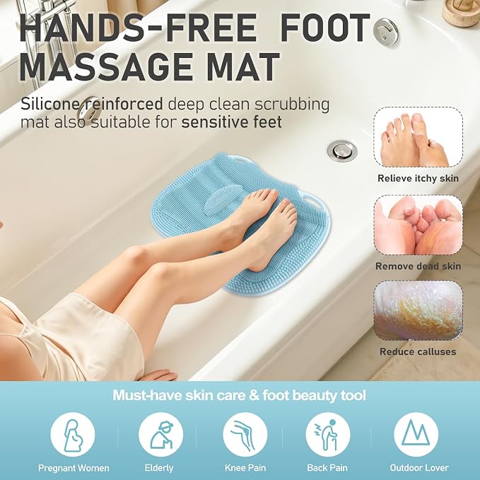XL Shower Foot Scrubber Mat, Silicone Feet Massage Scrubber in Shower Clean Foot Toes Pad without Bending Non-slip Suction Cups -Blood Circulation Exfoliate Achy Relief 17.4*13.4" Light Blue